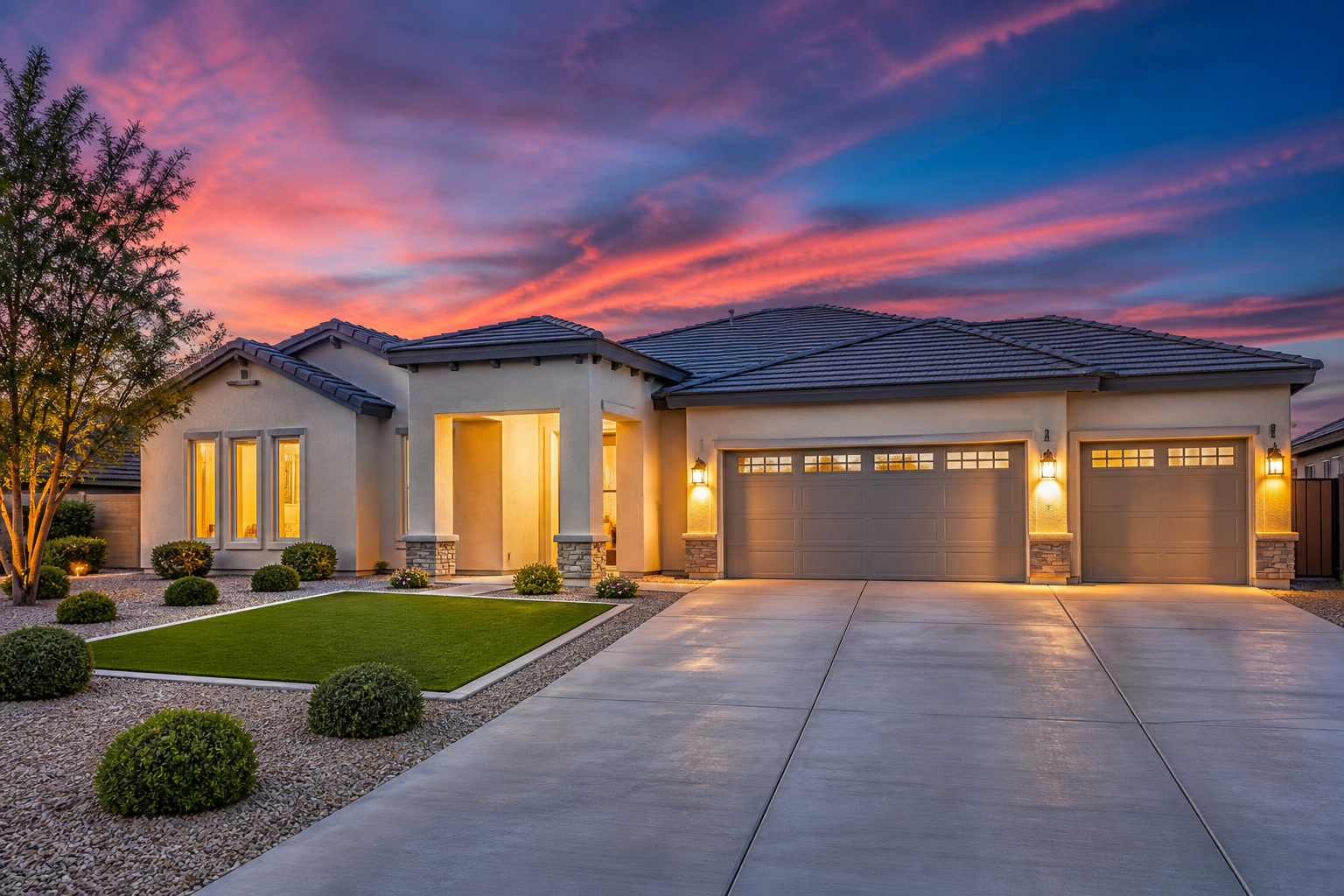 Modern single-story home at dusk with desert landscaping and a glowing entry