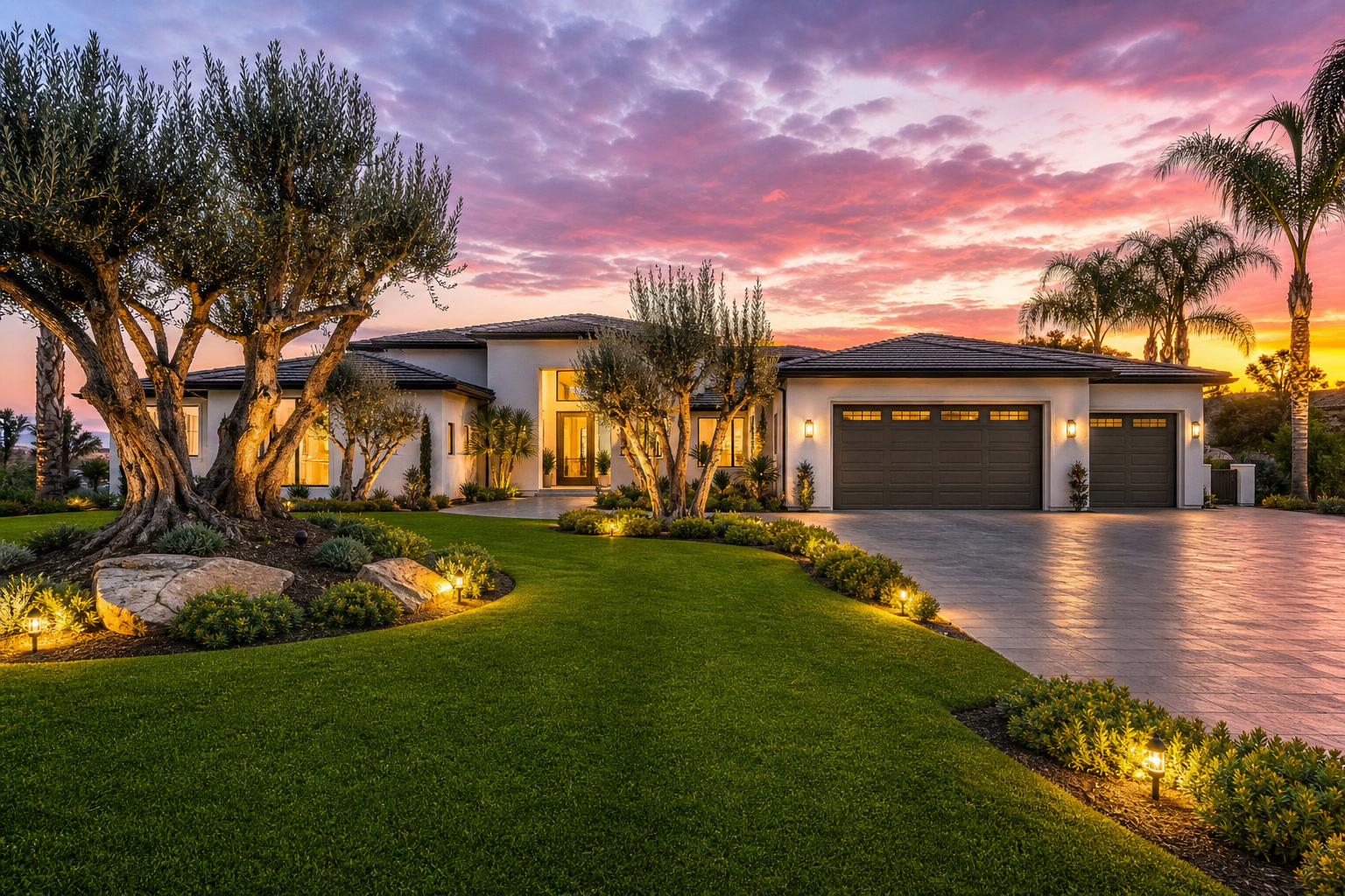 Single-story luxury estate with olive trees, palms, and a sunset sky