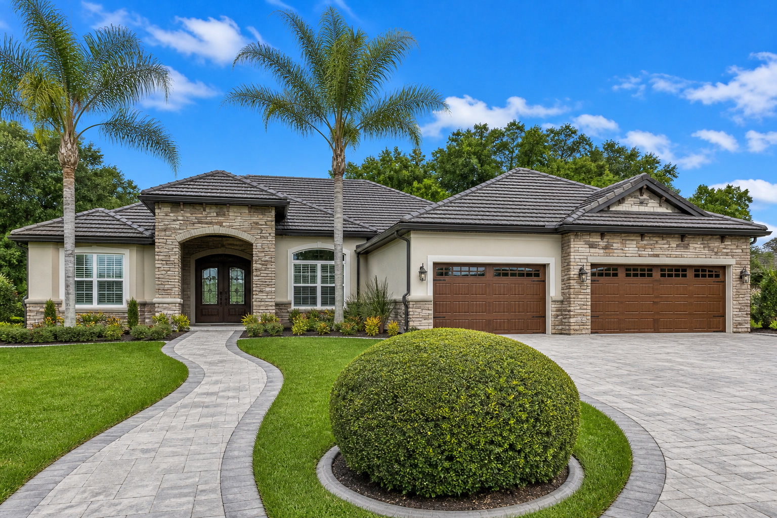 Mediterranean ranch with palm trees, stone entry, and brown garage doors